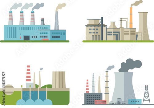 Industrial power generation illustration showing thermal chemical hydro and nuclear plants, energy production facilities, electricity infrastructure, flat minimalist design