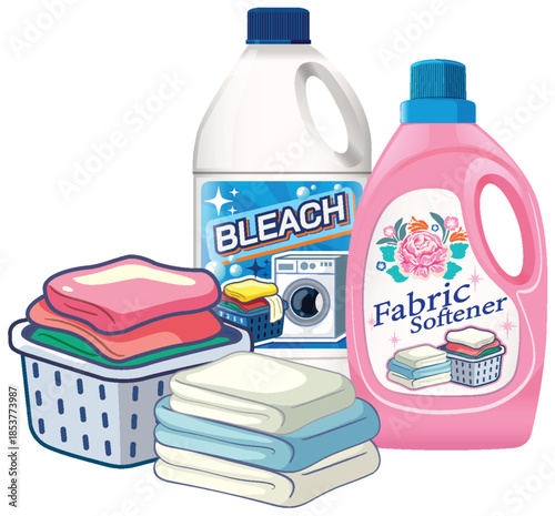 Laundry Supplies with Bleach, Fabric Softener, and Folded Towels