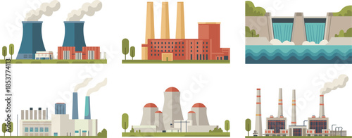 Industrial power plant illustration set showing factories, thermal and hydroelectric stations, energy production facilities, electricity generation infrastructure, flat modern design