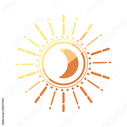 Sun icon presenting a crescent moon figure within its core, radiating dynamic rays in a warm gradient of yellow and orange, representing unity of day and night