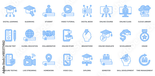 Digital Learning icon set. Containing e-learning, digital book, online test, global education, scholarship, grade, semester icons. Lineal Blue style