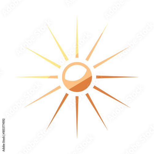 Illustrated orange and yellow sun icon with glossy glow on white background, symbolizing summer warmth, bright energy and light for web, app or design use