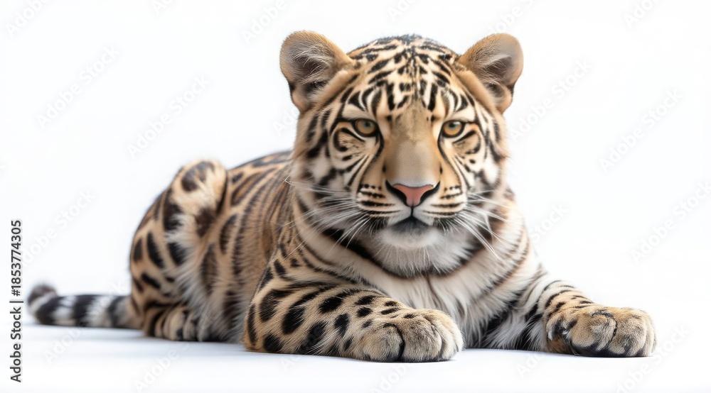 Obraz premium A leopard with bright orange and black spots and a piercing green gaze, on a white background. Perfect for fashion, luxury brands, or nature-inspired designs