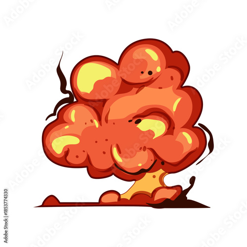 Stylized explosion creating a large mushroom cloud of red and orange smoke and fire, rising from the ground with dark debris particles, symbolizing a major destructive force or sudden event