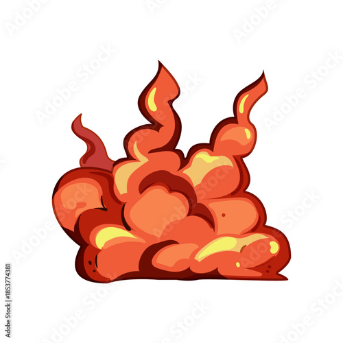 Cartoon explosion cloud with orange yellow burst of fire and rising smoke, dynamic comic style blast icon conveying impact, danger, energy, and action for game or design use