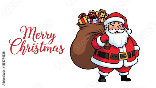 A cheerful cartoon illustration of Santa Claus carrying a sack full of presents, with "Merry Christmas" text.