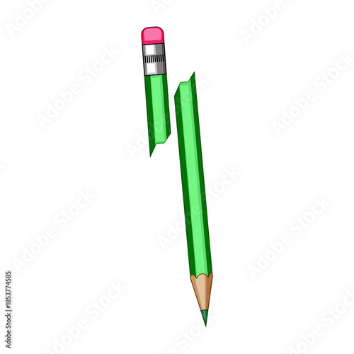Green pencil snapped in half, one piece with the eraser and the other with a sharpened tip, illustrating concepts of failure, stress, challenge, and broken objects on a white background