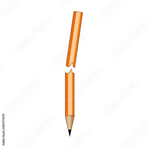 Broken wooden pencil split into two pieces, illustrating concepts of stress, failure, problem, crisis, difficulty, interruption, and creative block on a white background