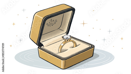 Elegant diamond ring in luxurious gold jewelry box with starry background