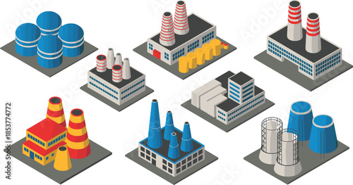 Isometric industrial factory illustration set featuring power plants, manufacturing buildings, chimneys, tanks and infrastructure, modern industry and energy production concept