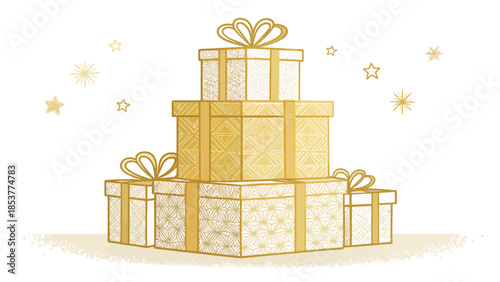 Golden gifts stacked high with decorative bows and stars