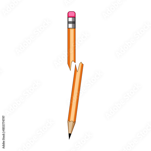 Broken traditional wooden pencil with a pink eraser, split in half on a white background, symbolizing concepts of stress, frustration, difficulty, failure, and creative or intellectual block