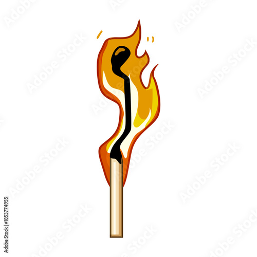 Wooden matchstick with charred black shaft and vivid orange yellow flame on white background, symbolizing ignition, brief energy, heat, light, danger and a fleeting start