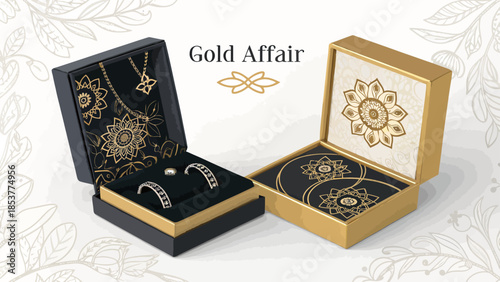Luxurious gold jewelry sets in elegant black and gold boxes