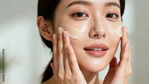 Young East Asian woman applies thick moisturizing balm to her glowing cheeks using both hands in a bright   shot.
