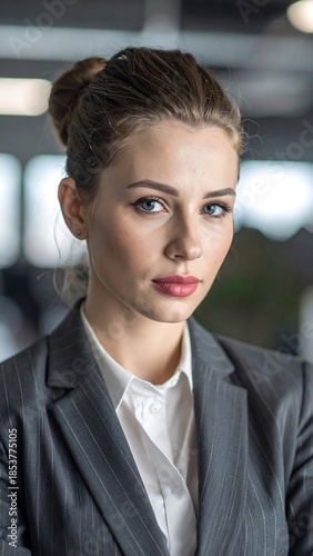 Portrait of a woman with light skin, in a grey suit and a bun hairstyle, gazing confidently at the camera. Office background