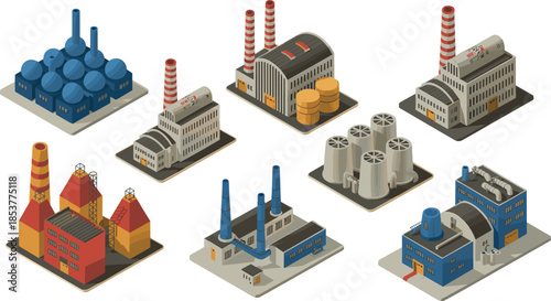 Isometric industrial factory illustration set featuring power plants, manufacturing buildings, chimneys, tanks and infrastructure, modern industry and energy production concept