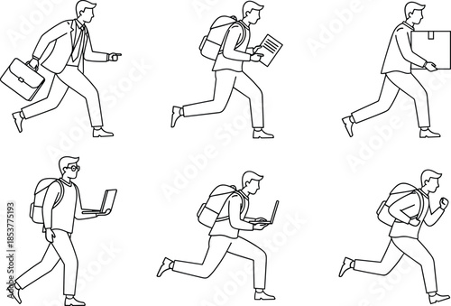 Dynamic man illustration, action poses, professional movement, running figure, backpack character, tech lifestyle, business motion, blue line art, multitasking