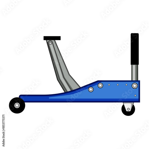 Blue hydraulic car jack on wheels for lifting and supporting vehicles during maintenance and tire changes, durable garage tool ideal for mechanics and service stations