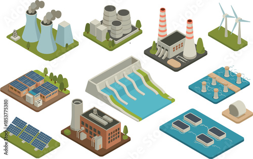 Isometric power generation types illustration, fossil nuclear renewable energy plants, solar wind hydro tidal biomass systems overview