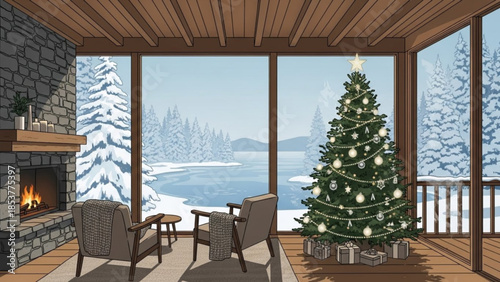 Cozy winter scene with a decorated Christmas tree and fireplace on a snowy porch overlooking a frozen lake perfect for holiday greetings and seasonal decor