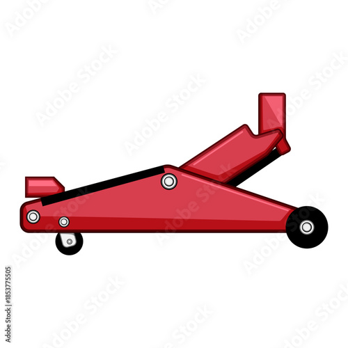 Red hydraulic floor jack providing lifting support for automobiles, essential tool for tire changes, repairs, and general car maintenance in garages or workshops