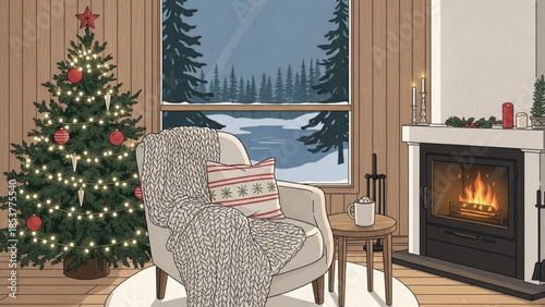 Cozy winter living room scene with a decorated Christmas tree armchair by the fireplace and a snowy landscape view through the window