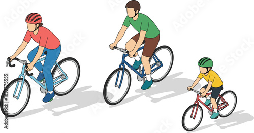 Family cycling illustration, outdoor activity, child safety, bike ride, helmets, bonding moment, sports gear, healthy lifestyle, colorful drawing