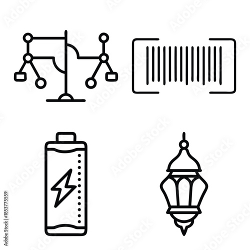 Digital Logic Tree Diagram, Product Barcode Scanner Symbol, Electric Battery Power Level, and Traditional Ramadan Lantern Outline Icons Set