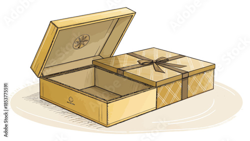 Elegant gold gift box with ribbon on white background