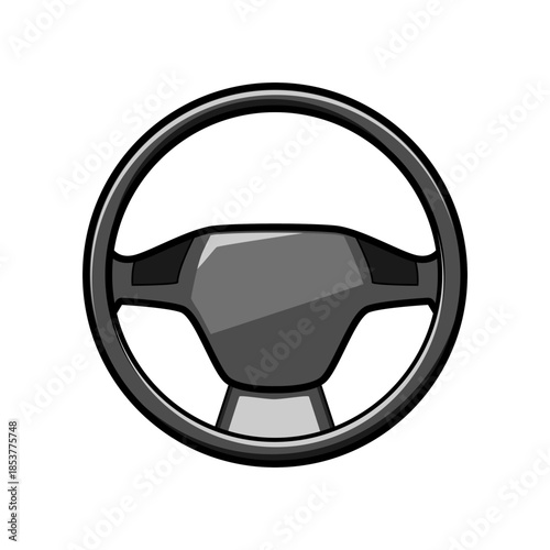 Simple vector illustration of an isolated automotive steering wheel, symbolizing driving, control, navigation, transportation, and independent travel on the road