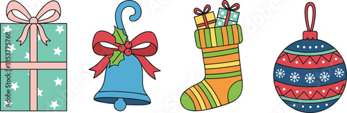 Christmas holiday icon set with gift box bell stocking and bauble, colorful festive illustration isolated on white background