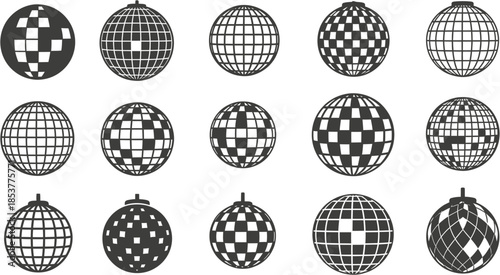 Versatile set of retro disco ball illustrations, featuring various geometric patterns and reflective designs, perfect for lively parties, vibrant celebrations, and dynamic nightlife themes