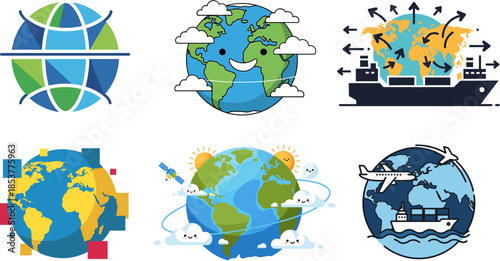 Global Earth Icons Representing Travel, Technology, and Environmental Concepts