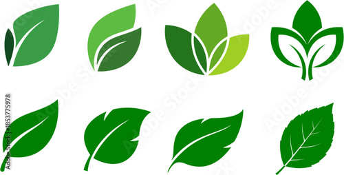 Collection of various green leaf icons and nature symbols representing growth, freshness, and environmental concepts