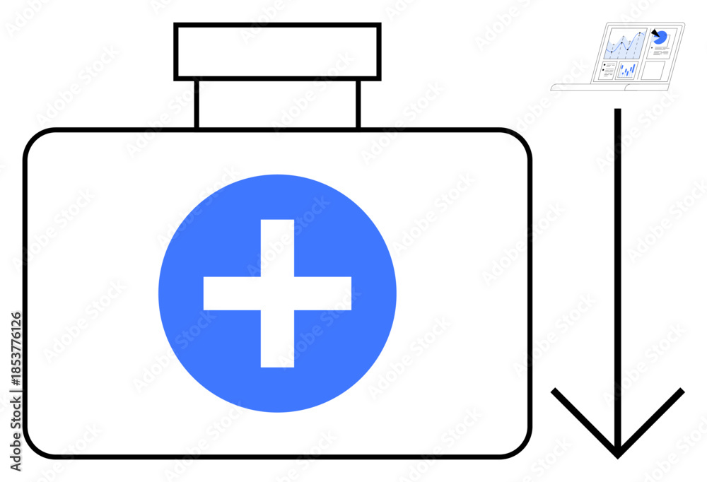 Obraz premium Healthcare technology, medical research, telemedicine, diagnostics, data analysis, emergency services. First aid box with blue cross and digital data report arrow. Healthcare technology and medical