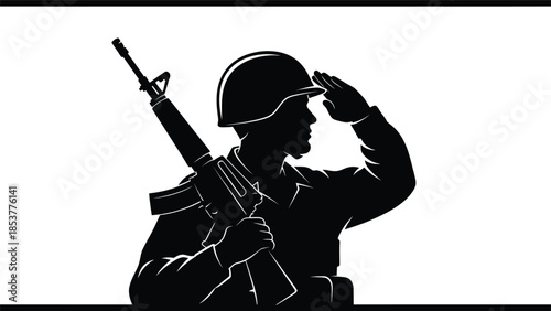 Silhouette of a soldier saluting with a rifle a symbol of respect