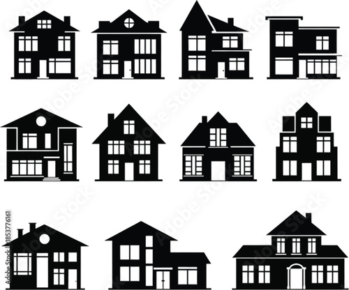 Collection of simple line art illustrations depicting various house designs