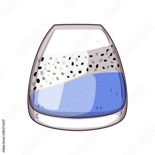 Layered chia seed pudding in a glass with creamy white layers and bright fruit juice, vegan breakfast or nutritious dessert, fresh summer superfood parfait on white background