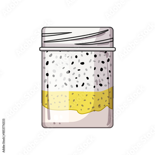 Chia seed pudding with various fruit and yogurt layers in a glass jar representing healthy breakfast, snack, and vegan eating concepts for nutrition and wellness