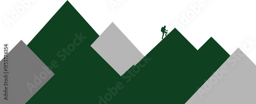 A graphic illustration of a person hiking up a green mountain peak, symbolizing the human spirit of adventure, exploration, and the triumph over nature's challenges