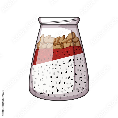 Layered chia seed pudding preparing a healthy breakfast or snack, featuring a vibrant red fruit layer topped with crunchy granola in a clear glass jar on a white background
