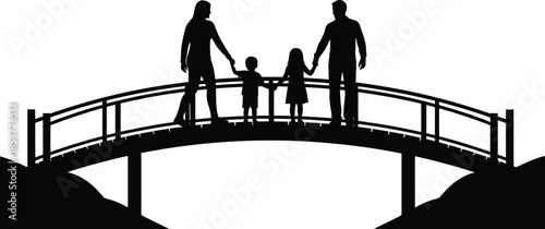 Family silhouette standing on a curved bridge against a bright background