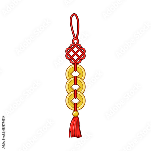 Traditional chinese lucky knot featuring intertwined red cord, three gold ancient coins, and a decorative tassel, symbolizing prosperity and good fortune