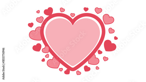 Heart-shaped frame surrounded by small pink hearts on white background
