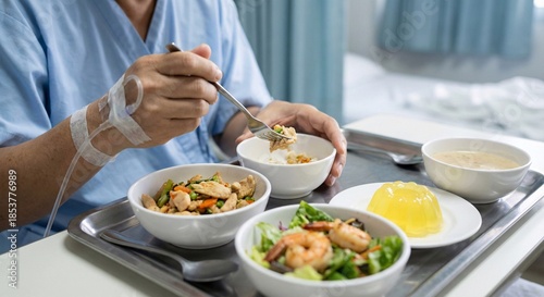 Patient enjoying nutritious healthy hospital meal with IV drip for recovery