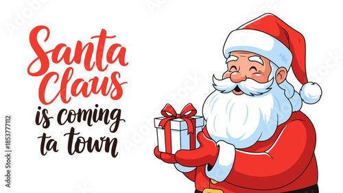 Santa Claus is coming to town with a present in his hand