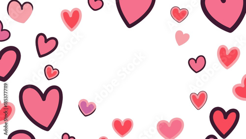 Floating pink and red hearts creating a love border on white background