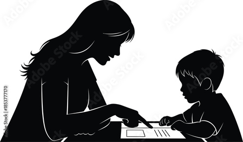 A mother and child engaged in learning together a tender silhouette