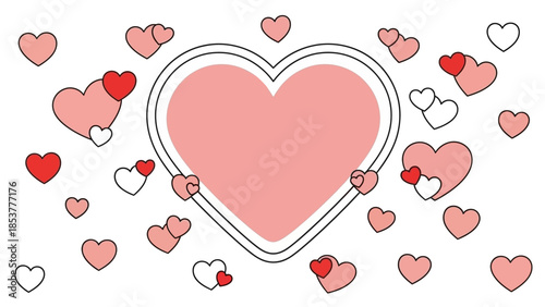 Pink and red heart shapes scattered on a white background